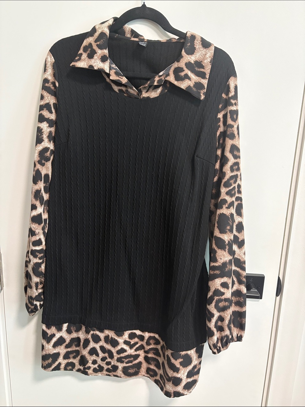 SHEIN Black Dress with Leopard-Print Collar, Sleeves & Hem